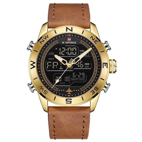 9144 Fashion Gold Men Sport Watches Mens LED Analog Digital Watch Army Military Leather Quartz Watch Relogio Masculino